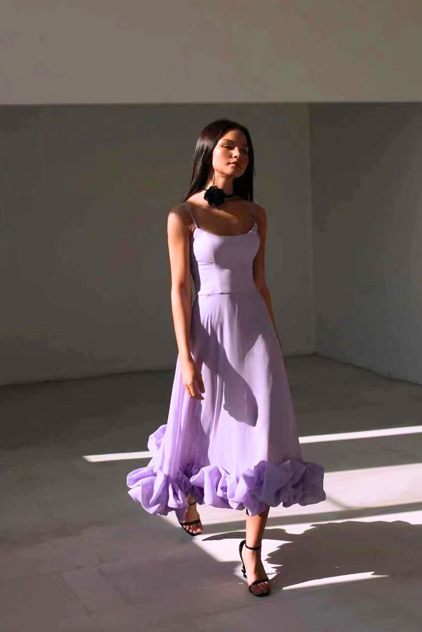 Scoop Neck Spaghetti Strap Ruffle Hem Satin Midi Dress 8