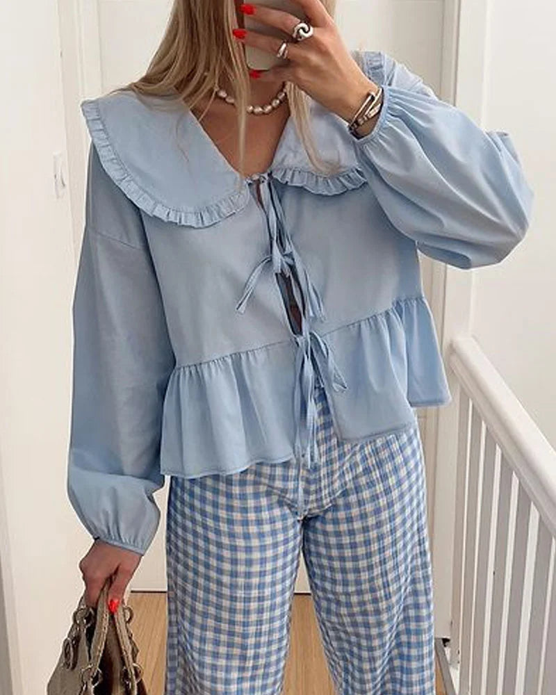 Solid Color Lace-Up Long Sleeve Cardigan Shirt - Fashionpara