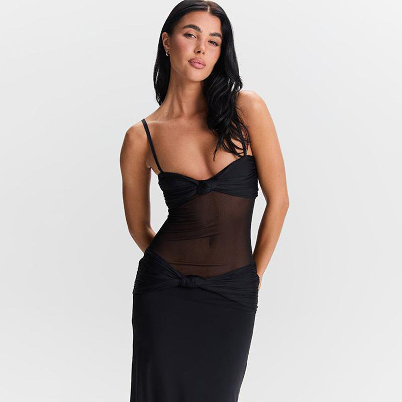 Spaghetti Strap Mesh Cut-Out Knot-Front Column Maxi Dress 3