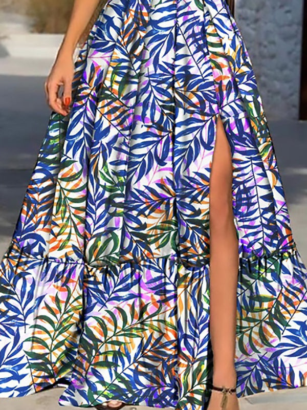 Leaf Print Deep V Neck Slit Sling Dress
