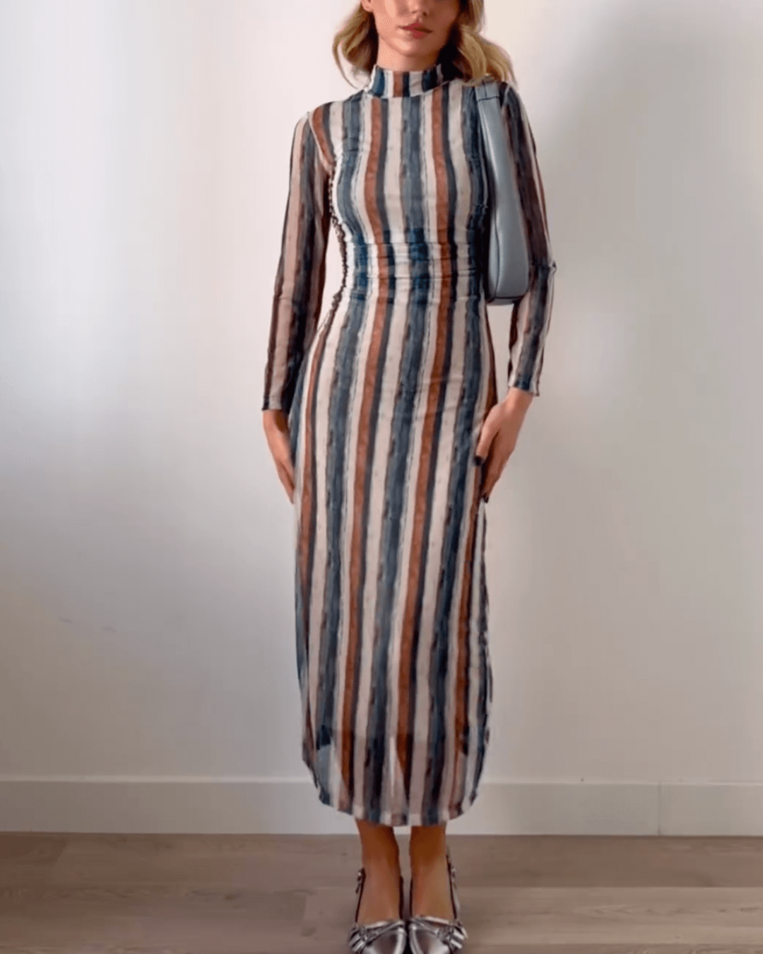 High Neck Long-sleeved Midi Dress - Fashionpara