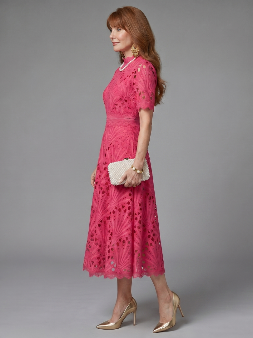 Eyelet Lace Mock Neck Short Sleeve Fit and Flare Midi Dress 2