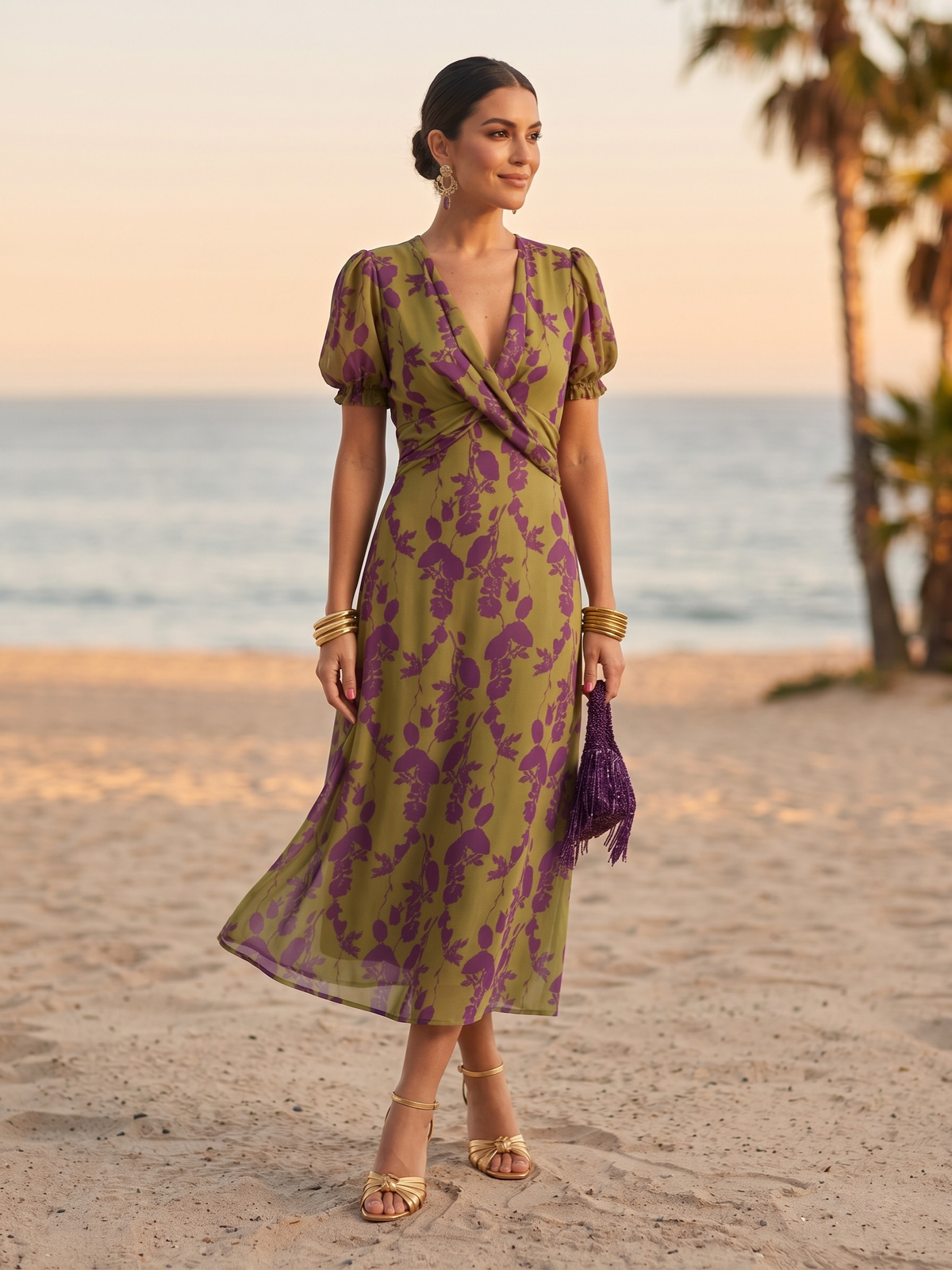 Floral V-Neck Puff Sleeve Wrap Midi Dress
