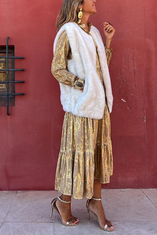 V Neck Unique Printed Ruffle Tiered Midi Dress - Fashionpara