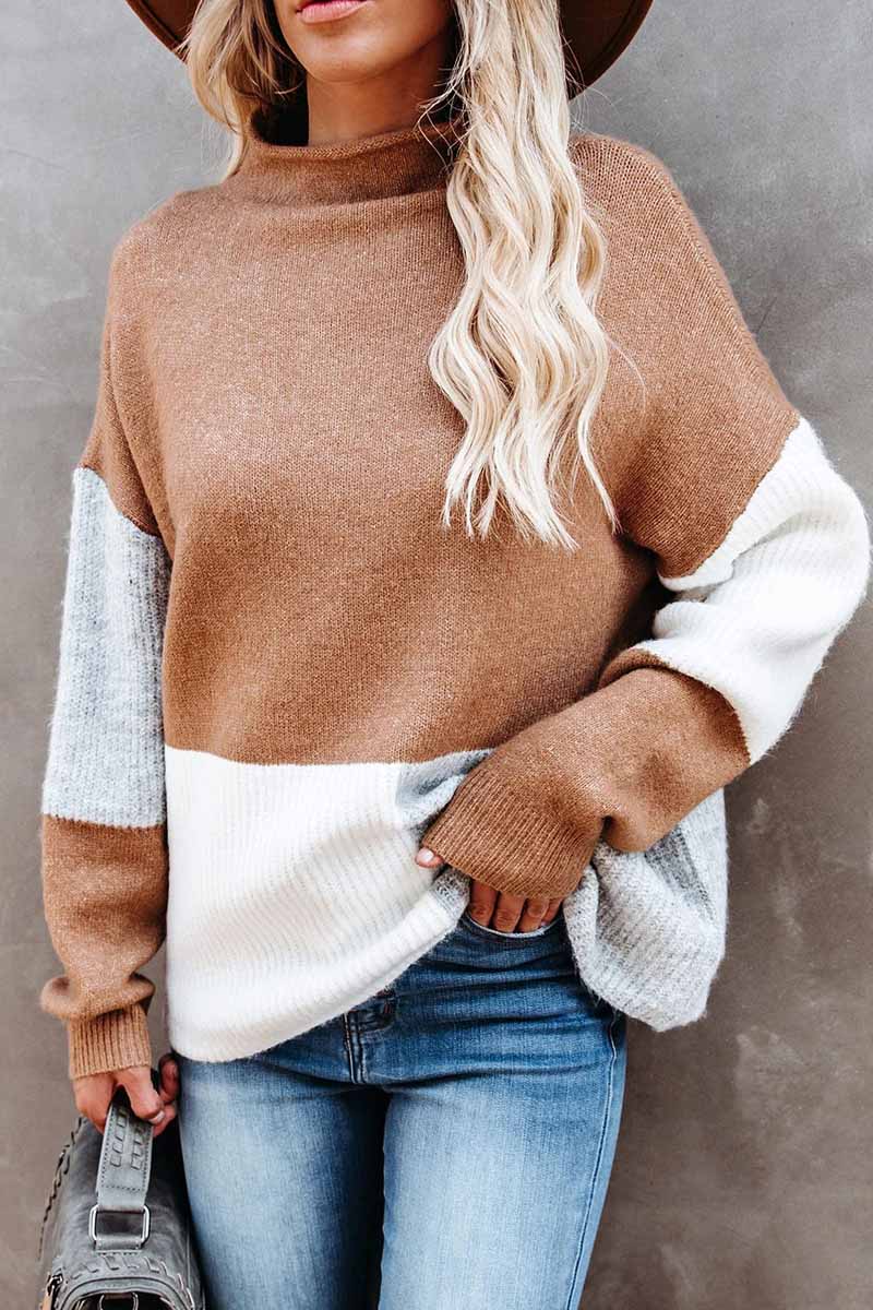 Florcoo High Neck Knitted Sweater in Contrasting Colors