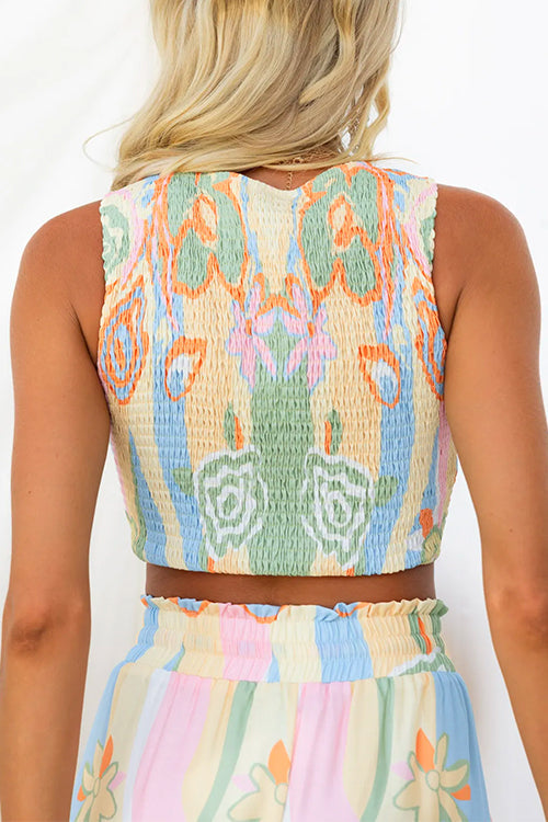 Crewneck Smocked Drawstring Printed Crop Tank Top - Fashionpara