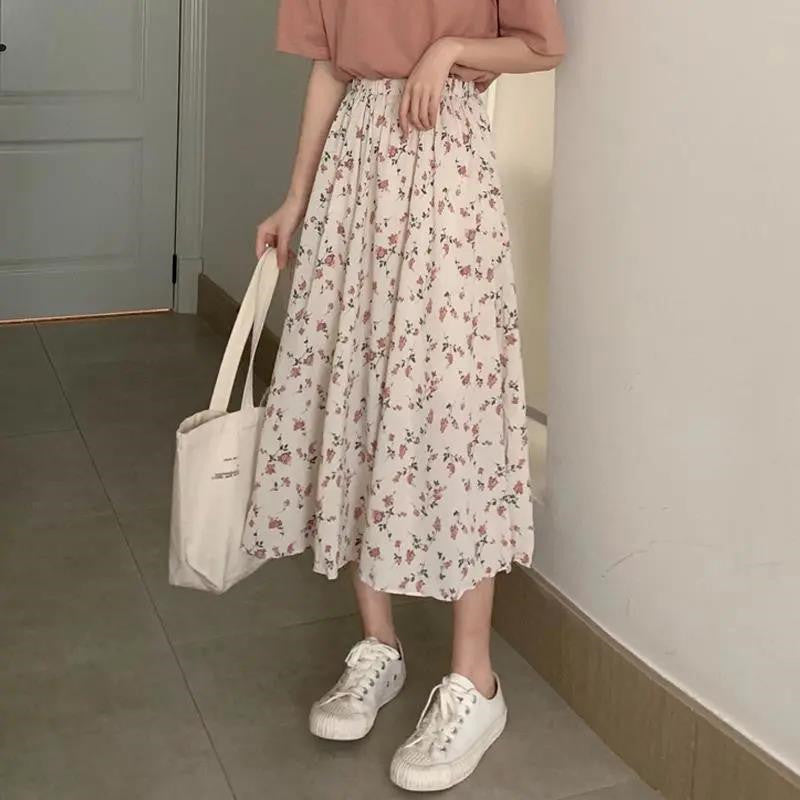 Flowers Pattern Pleated Long Casual Skirts - Fashionpara