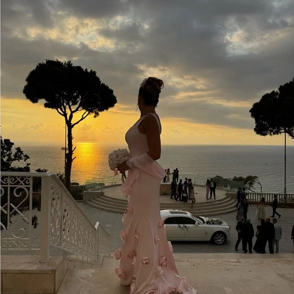 Pretty Pink Satin 3D Rose Flowers Mermaid Party Dress Long Evening Gown D1360