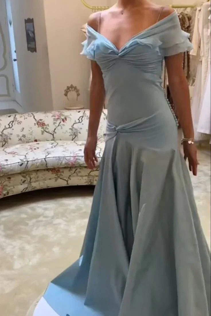 Retro Style A Line Off the Shoulder Grey Blue Long Party Dress with Ruffles