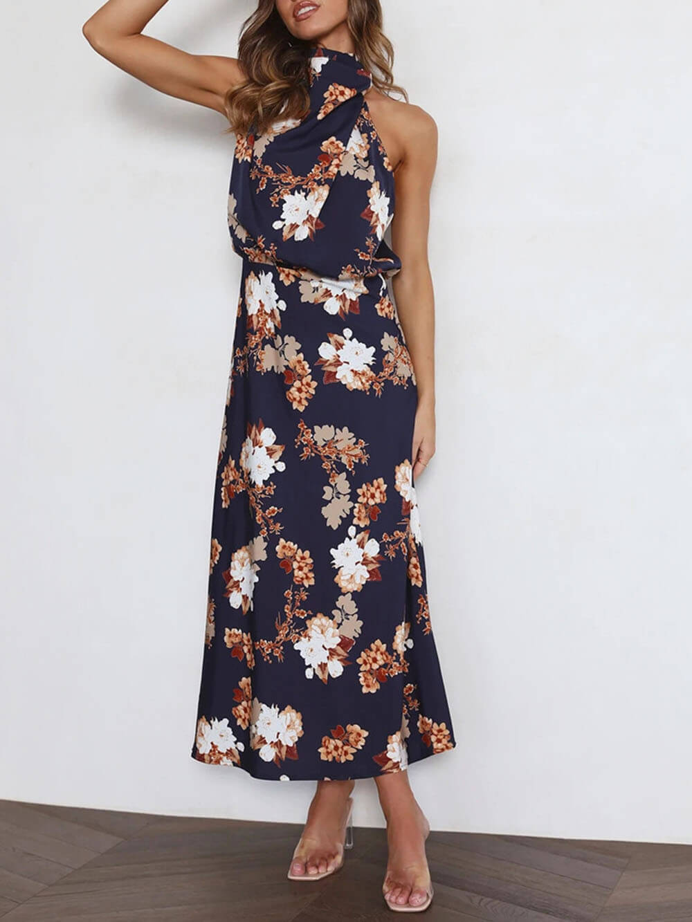 Floral Halter Neck Elastic Waist Maxi Dress - Fashionpara