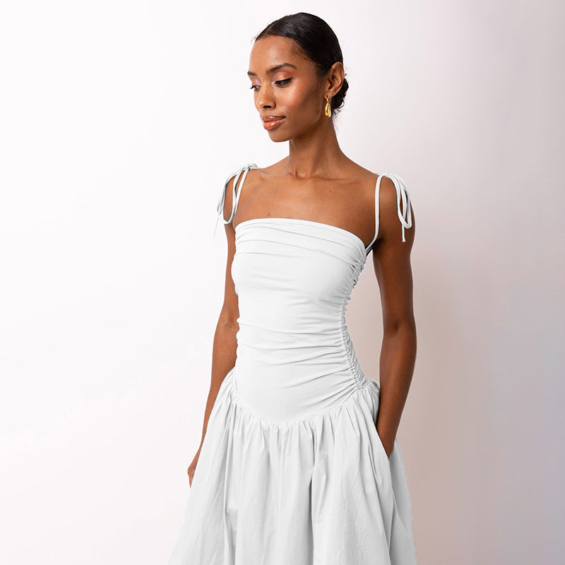 Tie-Strap Ruched Drop-Waist Bubble-Hem Midi Dress 3