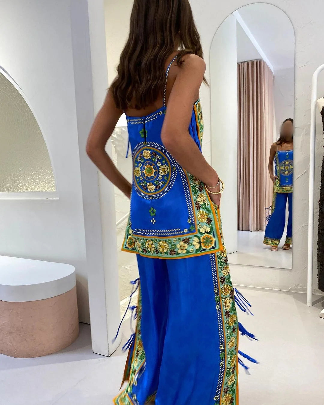 Retro Exotica Navy Blue PrintingTwo-piece Set - Fashionpara