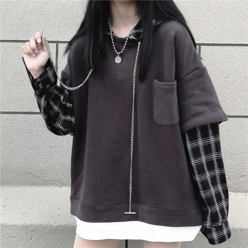KittenAlarm - Long Sleeve Hip Hop Sleeve Plaid Hoodie