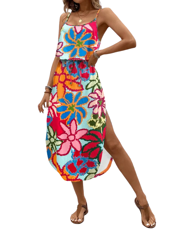 Scoop Neck Layered Split Print Cami Midi Dress 11