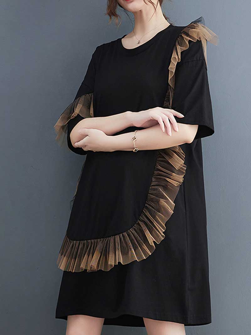 Plain With Frill Style Short Sleeves Midi Dress 3