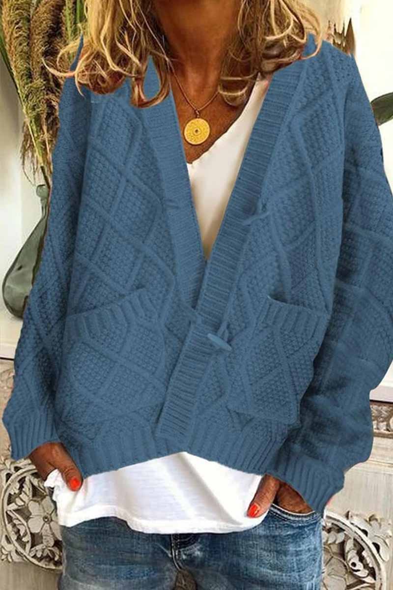 Florcoo Ribbed Horn Buckle Cardigan with Pockets - 4 Colors