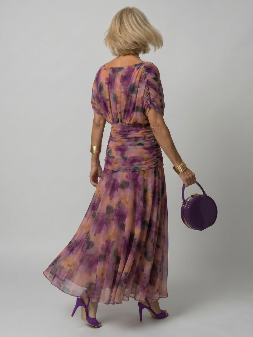 Floral Off Shoulder Ruched Chiffon Maxi Dress 4