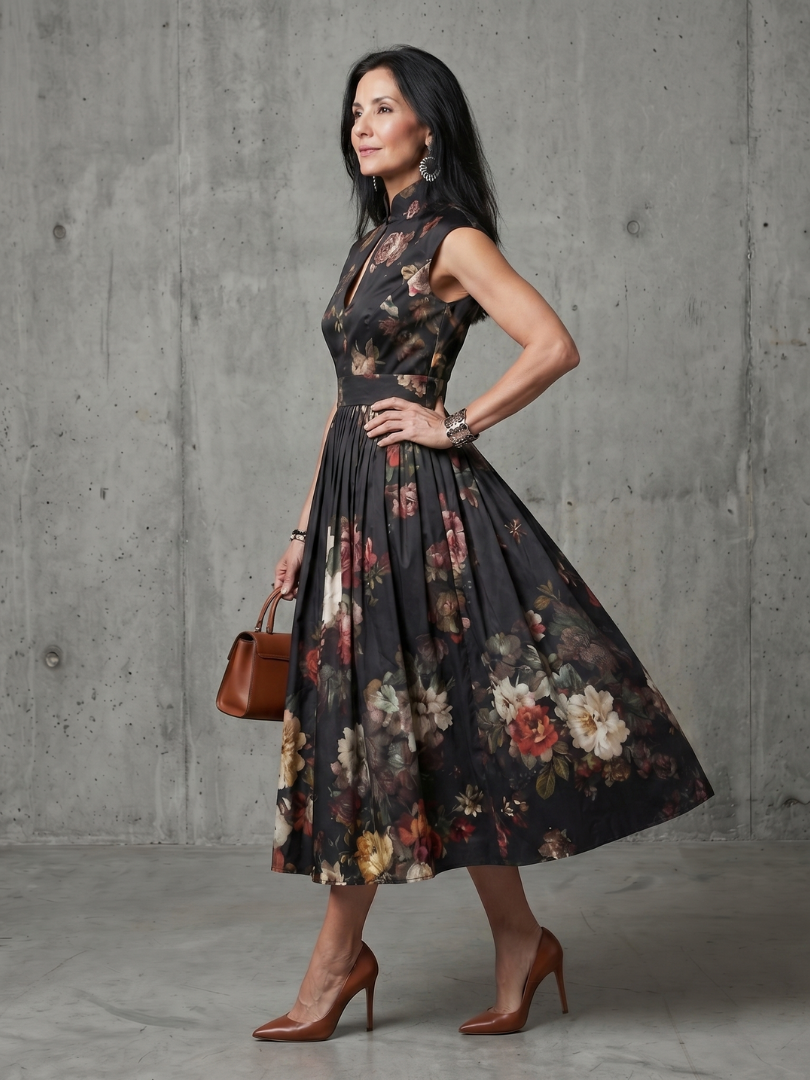 Floral High Neck Keyhole Cap Sleeve Pleated Midi Dress 2