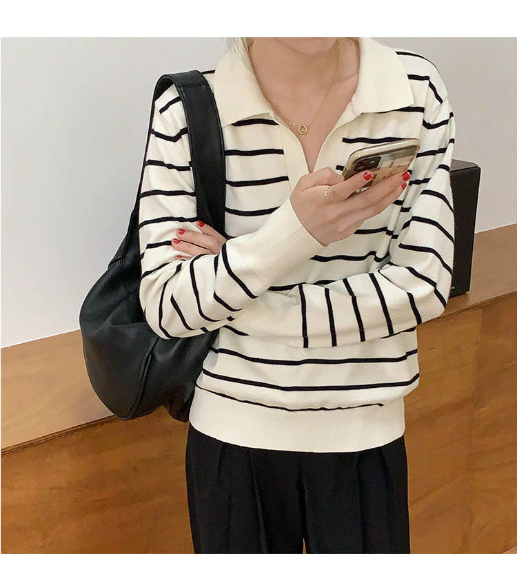 KittenAlarm - Striped Turn Down Collar Long Sleeve Sweater