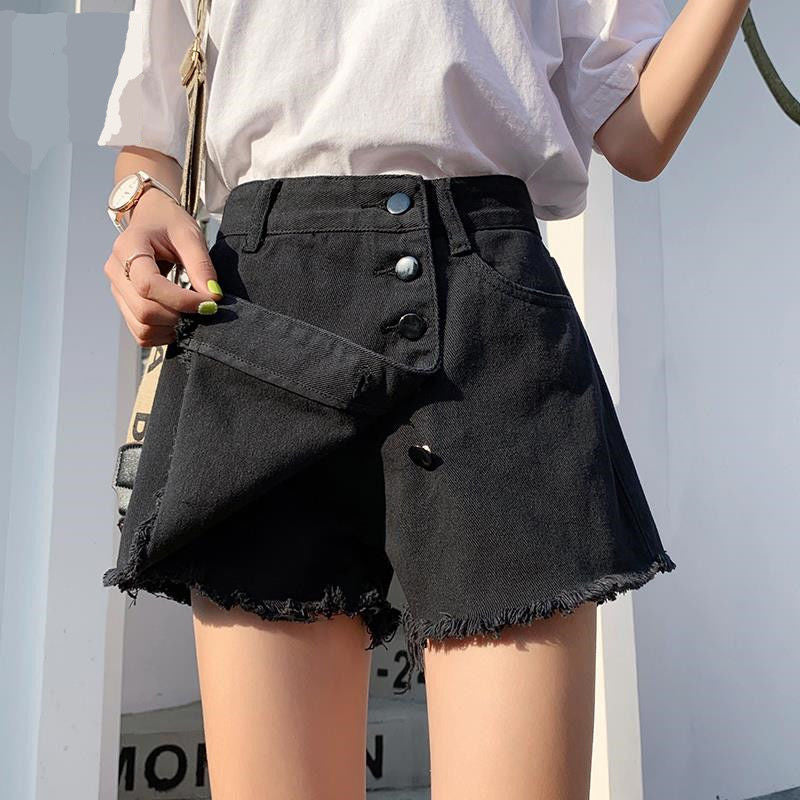 Solid Button Style Black Mini Denim Skirts - Fashionpara