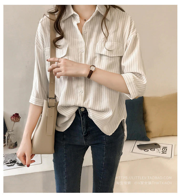 Half Sleeve Casual Striped Blouse Shirt - Fashionpara