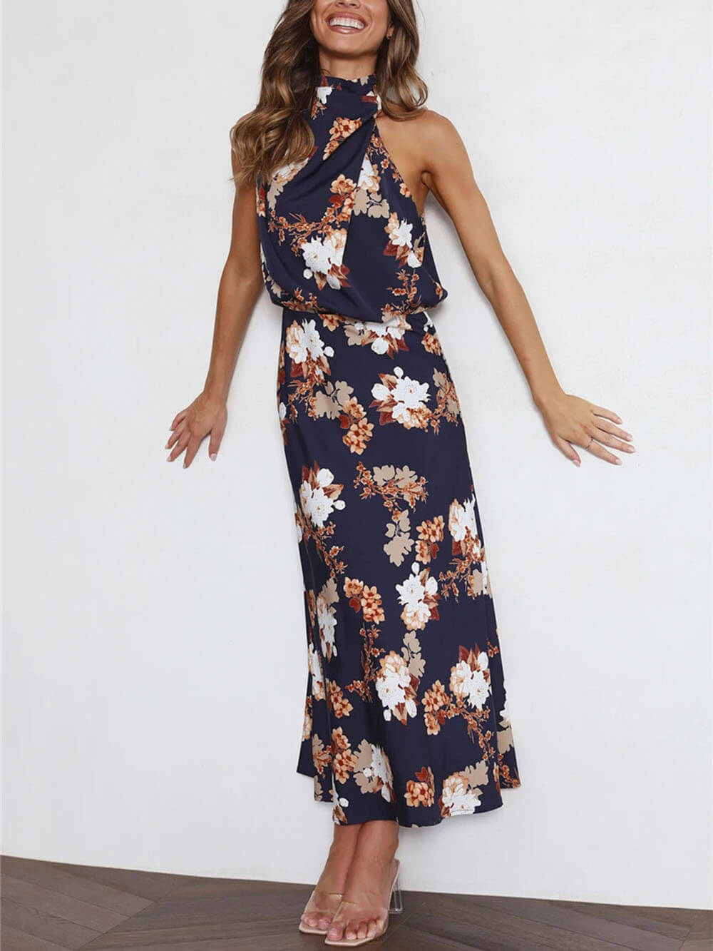 Floral Halter Neck Elastic Waist Maxi Dress - Fashionpara