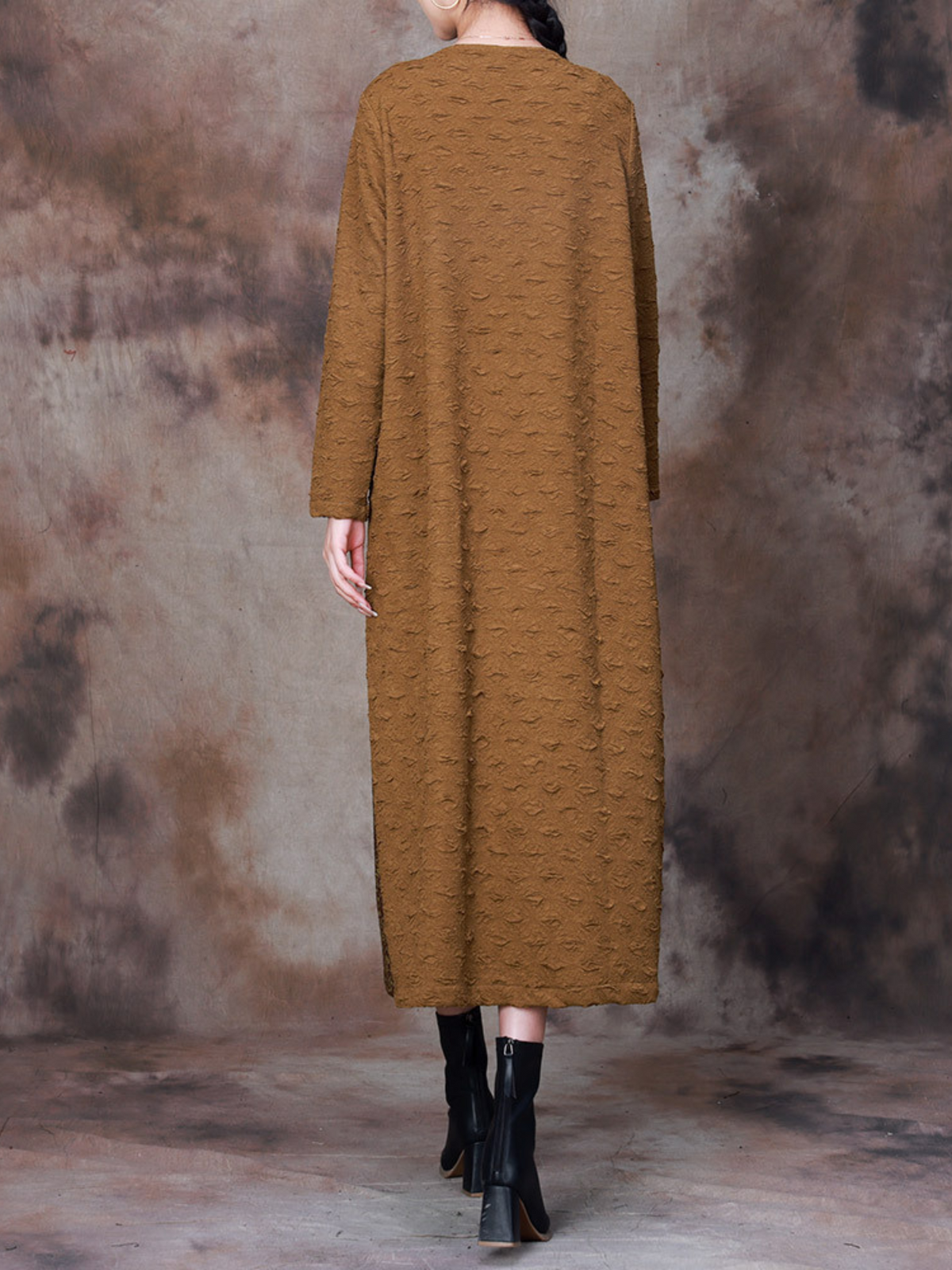Checked Stand Collar Balloon Sleeve Pleated Maxi Dress 3