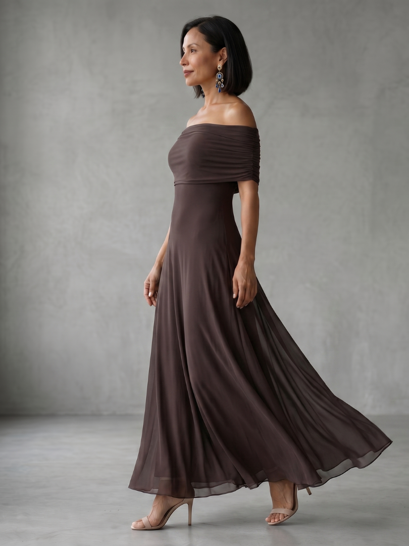 Off Shoulder Ruched Foldover A-Line Maxi Dress 2