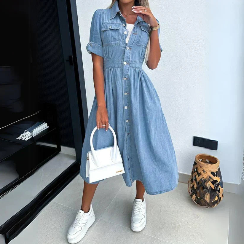 Denim Short Sleeve Button Front Chest Pocket Shirt Midi Dress
