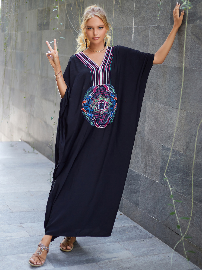 Embroidered V-Neck Batwing Sleeve Loose Kaftan Maxi Dress 2