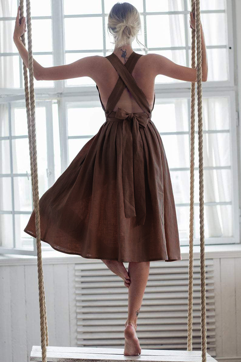 Cross Back Bow-tie /Lace Up Linen Dress - Fashionpara