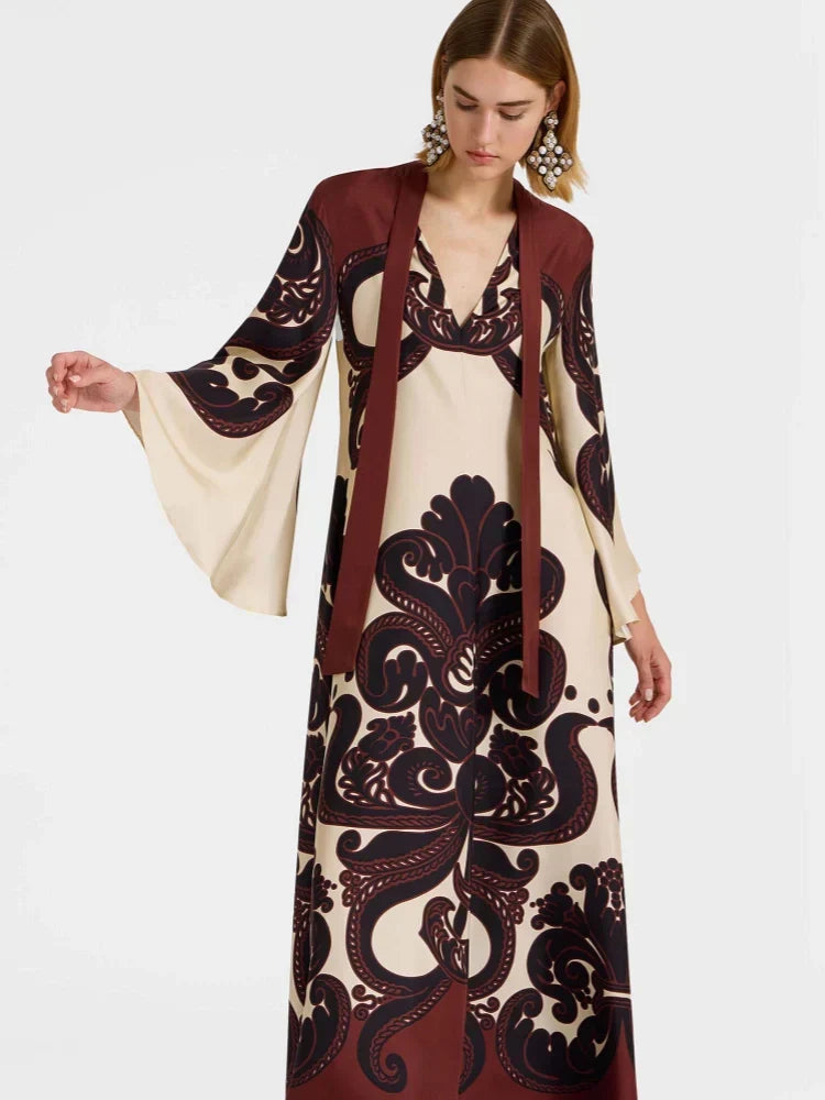 Scroll Print Satin Tie Neck Bell Sleeve A-Line Maxi Dress - View 5