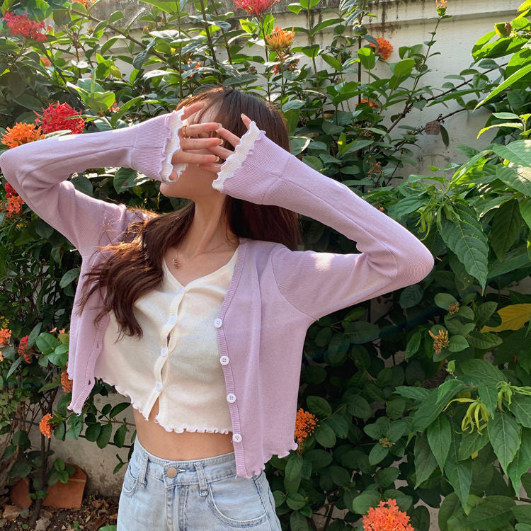 KittenAlarm - Ruffle V-Neck Slim Cardigan Sweater