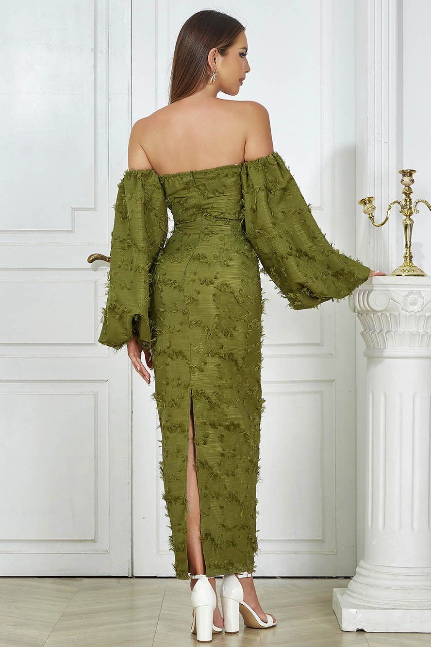 Knit Off Shoulder Puff Sleeve Textured Fringe Back Split Maxi Dress