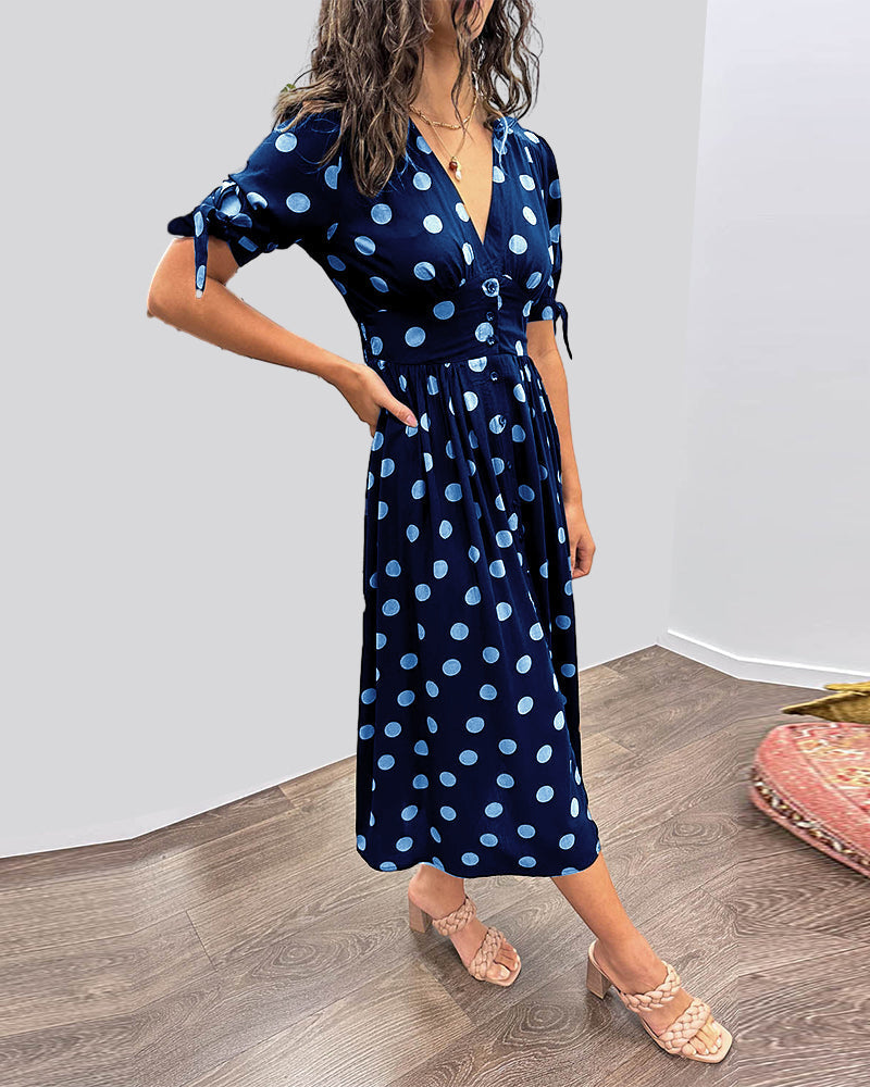 Polka Dot Deep V-Neck Button Front Puff Sleeve Tie Cuff Midi Dress - View 9