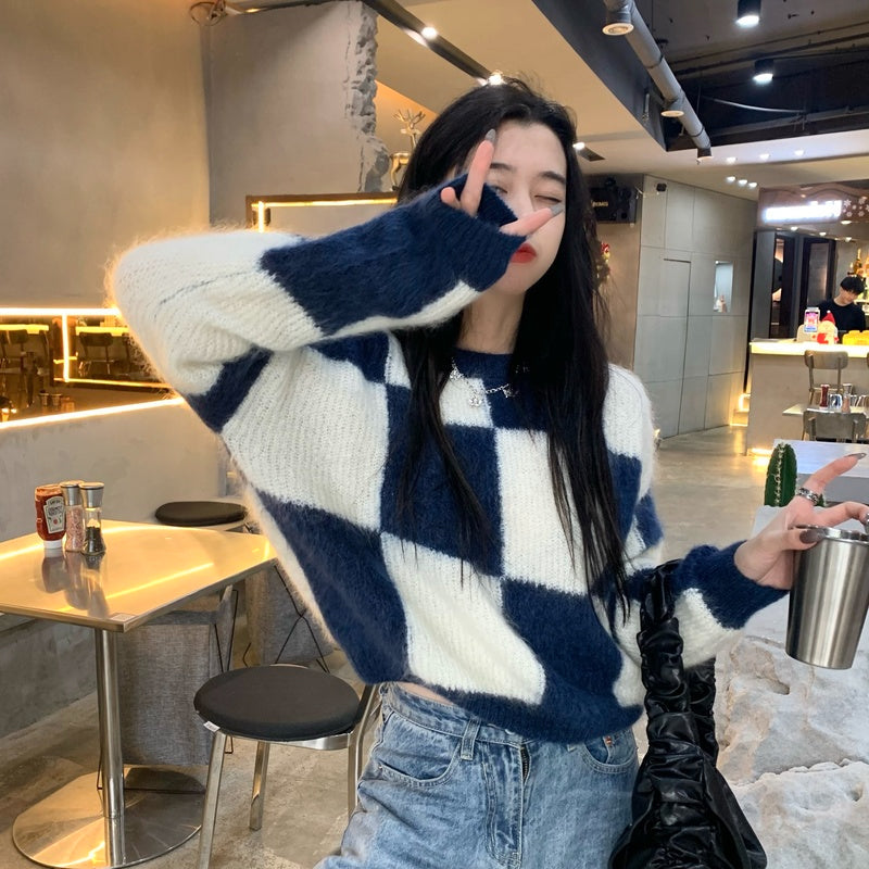 KittenAlarm - Blue Plaid O-Neck Knitted Sweater