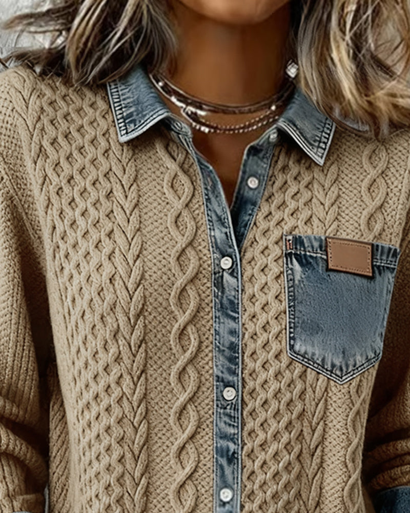 Collared Button Front Cable Knit Denim Contrast Shirt