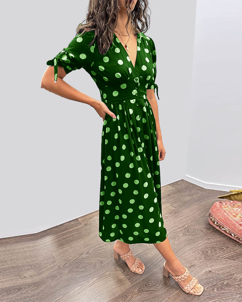 Polka Dot Deep V-Neck Button Front Puff Sleeve Tie Cuff Midi Dress - View 8