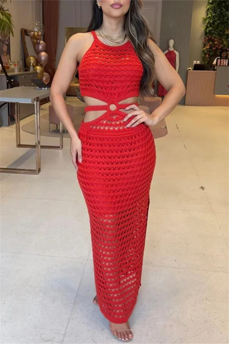 Crochet Knit One Shoulder Ring Waist Cut Out Side Slit Maxi Dress - View 3