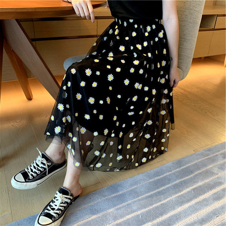 KittenAlarm - High Waist Daisy Printed Mesh Transparent A- Line Skirt
