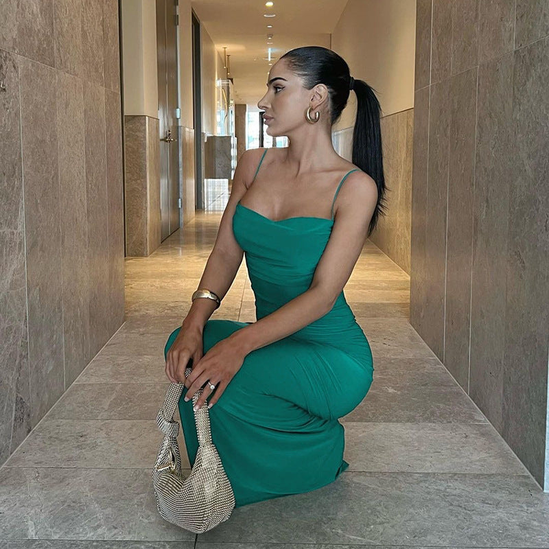 Cowl Neck Spaghetti Strap Ruched Bodycon Maxi Dress 3