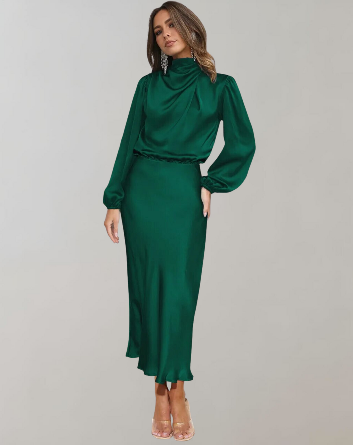 Satin Mock Neck Draped Bishop Sleeve Elastic Waist Midi Dress - View 4