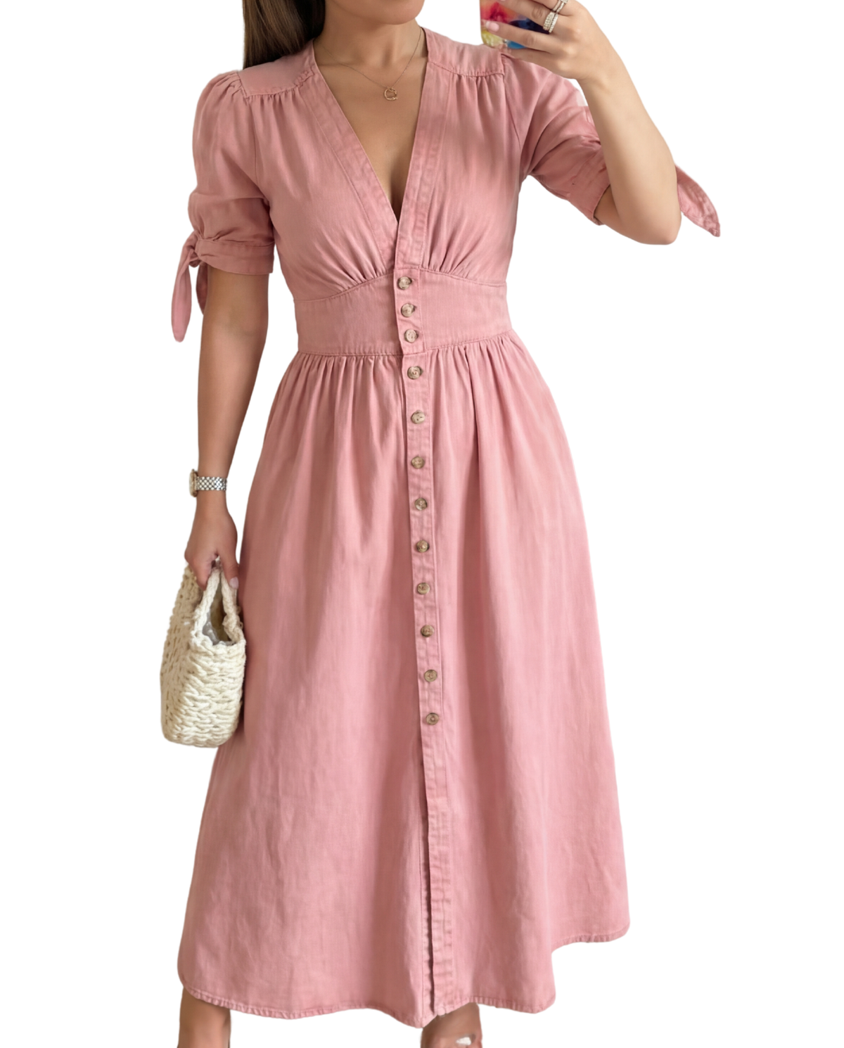 Denim Look V-Neck Tie Sleeve Button Front Midi Dress 2