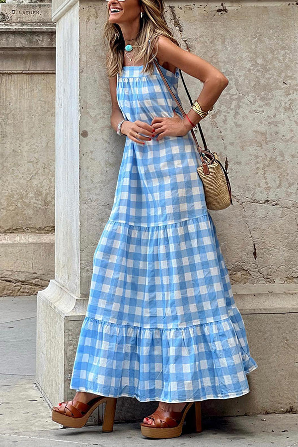 Strapless plaid stitching sleeveless dress with straps - Fashionpara