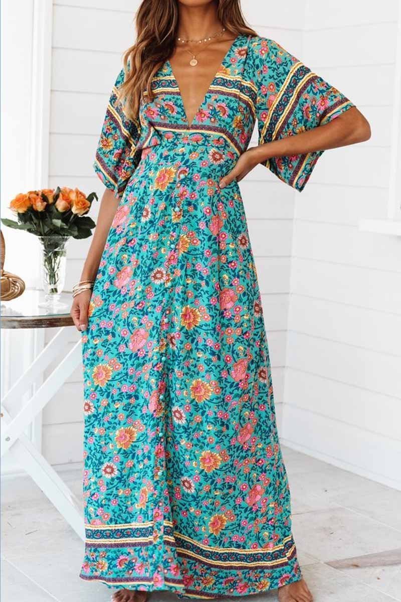 Florcoo Floral Printed Blue Ankle Length Dress
