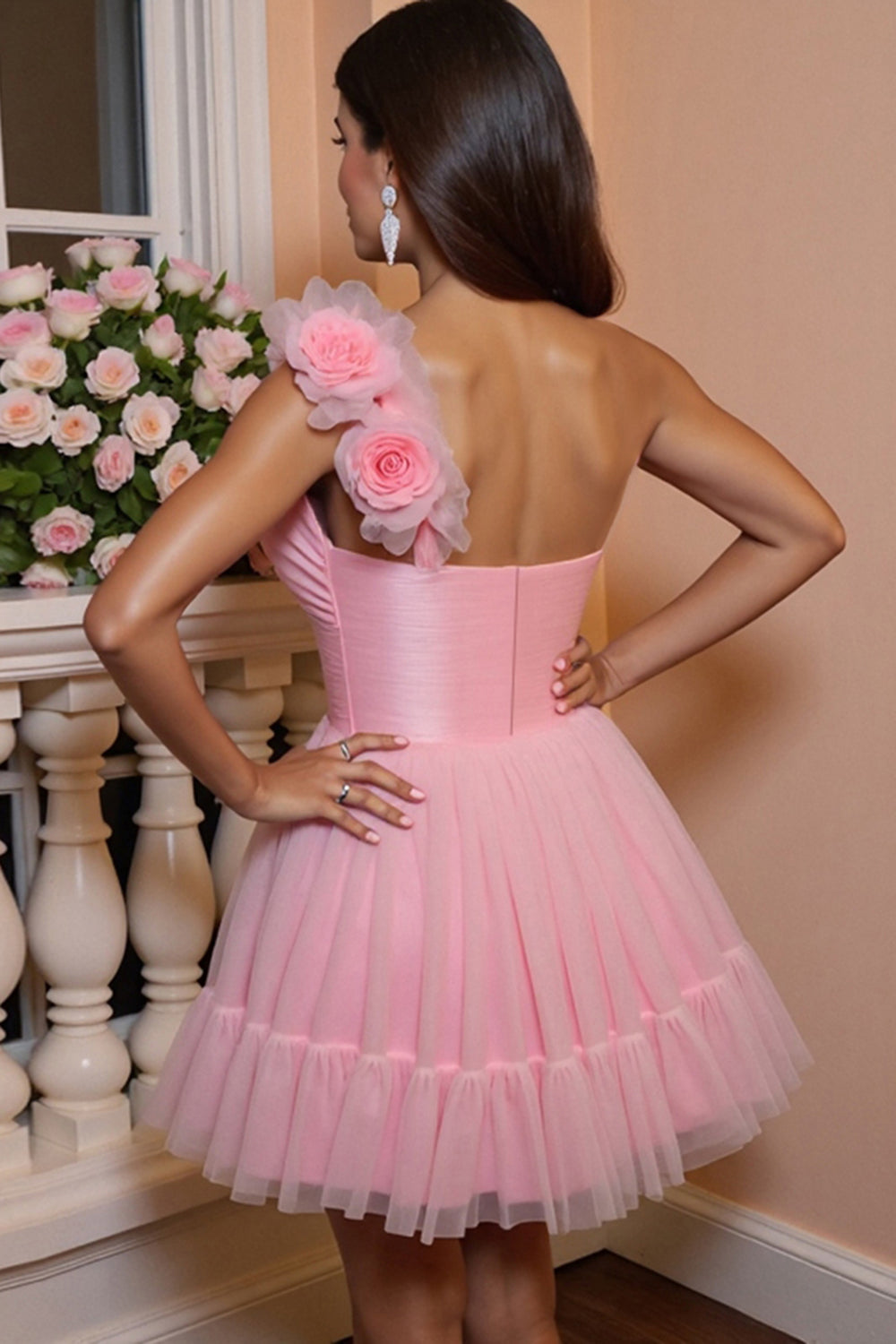 Floral Pink Tulle A Line One Shoulder Short Homecoming Dress