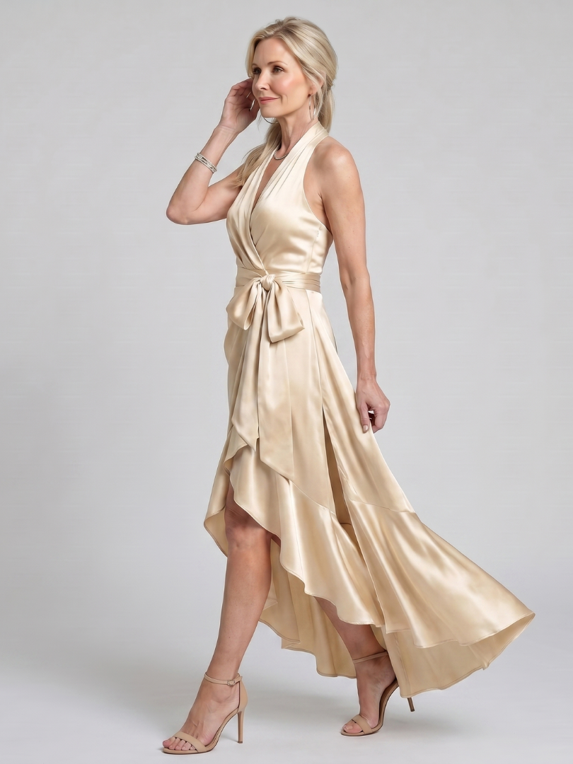 Satin Halter Neck Wrap Bow High Low Midi Dress 2
