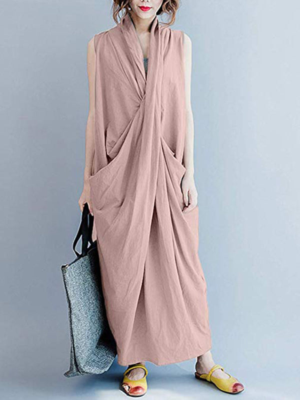 Draped V-Neck Sleeveless Pocket Cocoon Maxi Dress 3