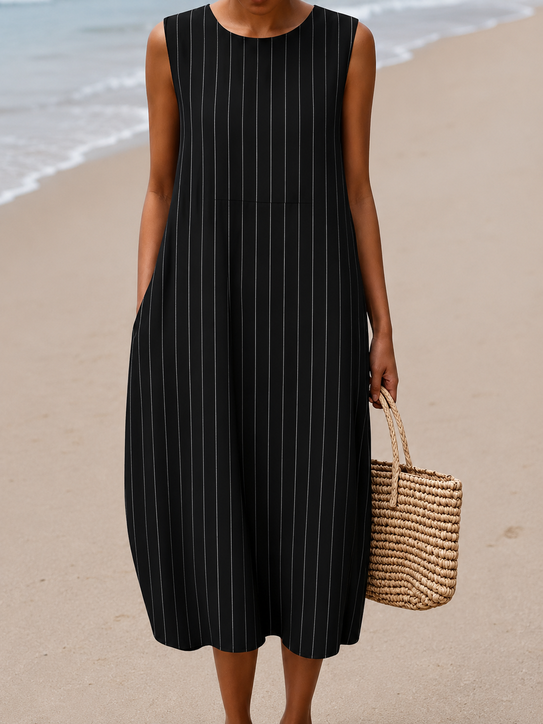 Striped Round Neck Sleeveless Midi Dress 2