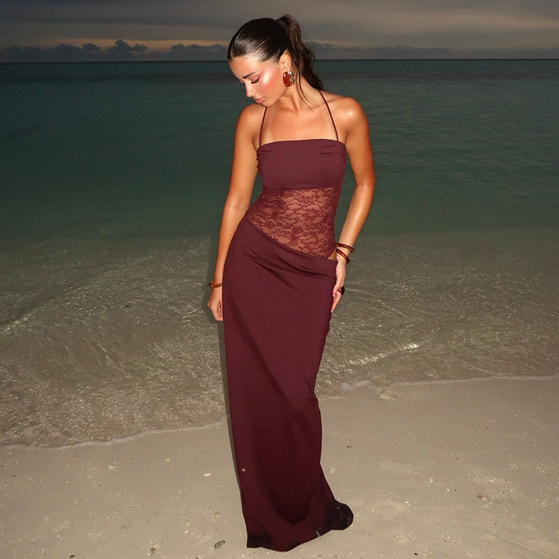 Lace-Panel Square-Neck Strappy Column Maxi Dress 3